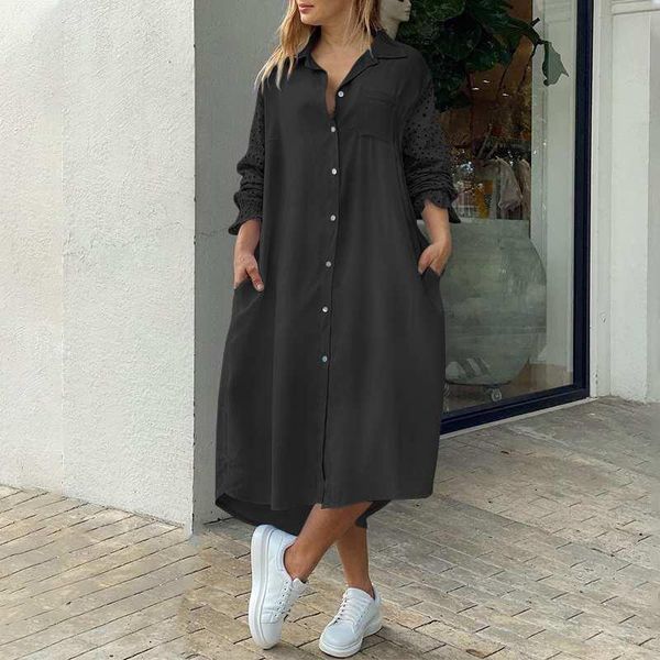 

casual dresses autumn shirts dress vonda long sleeve pleated vestido loose turn down neck beach sundress 2021 kaftan robe oversized, Black;gray