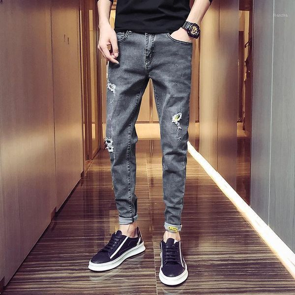 

men's jeans wholesale trendy brand denim jeans men's spring autumn korean slim-fit students' small feet ripped hole casual ha, Blue