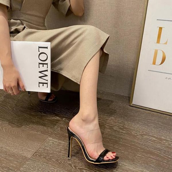 

slippers women thin heel square head sandals dress shoes, Black