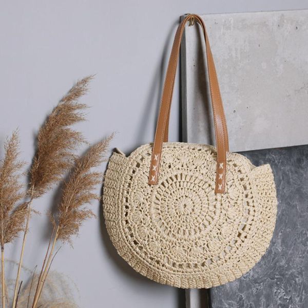 

summer round straw bags for women rattan shoulder bag handmade woven beach handbags female message handbag totes