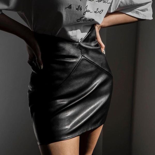 

skirts autumn winter women skirt pu leather mini high waist solid ladies bodycon pencil casual streetwear, Black