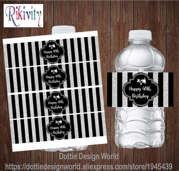 20 stücke Benutzerdefinierte Silber Schwarz Geburtstag Party Wasser Flasche Wein Etiketten Wasserdichte Candy Bar Wrapper Aufkleber Baby Dusche Dekoration 210408