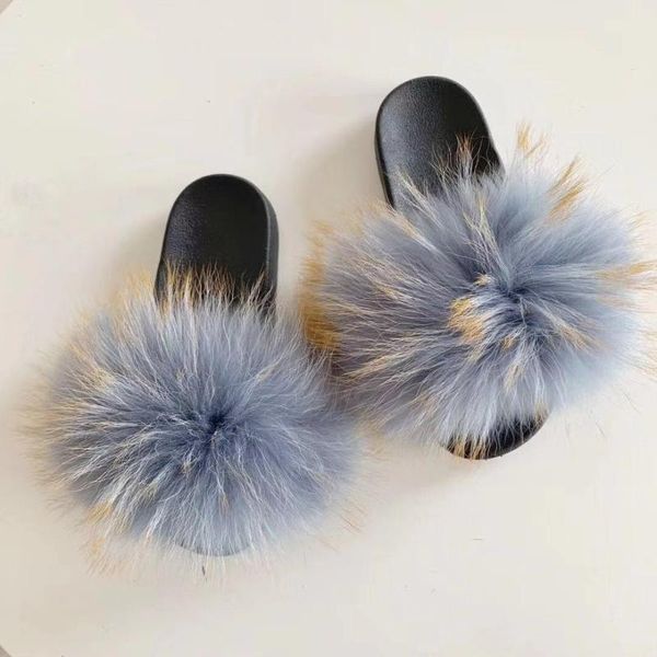 

slippers 2021 women real raccoon fluffy slides fuzzy sliders soft plush flip flops mules summer shoes, Black