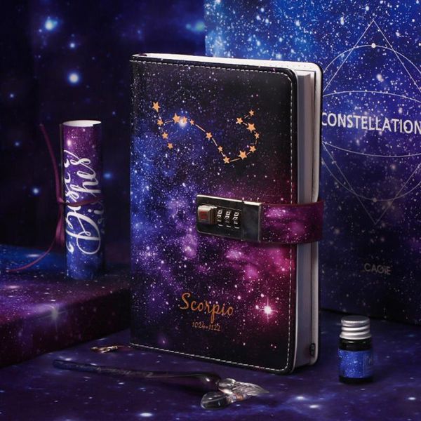 

notepads gift binder notebook with lock travel journal constellation diary agenda planner organizer sparal notepad note book handbook set, Purple;pink