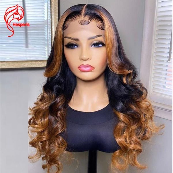 

hesperis 180% deep part lace front human hair wig wavy ombre honey blonde 13x4 bleached knots brazilian remy hair1, Black;brown