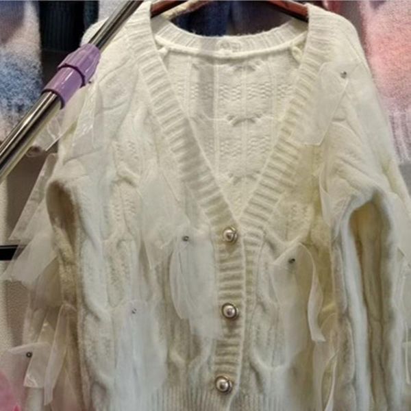 

women's knits & tees french lazy knitted cardigan 2021 autumn winter loose bow twist sweater solid color coat, White