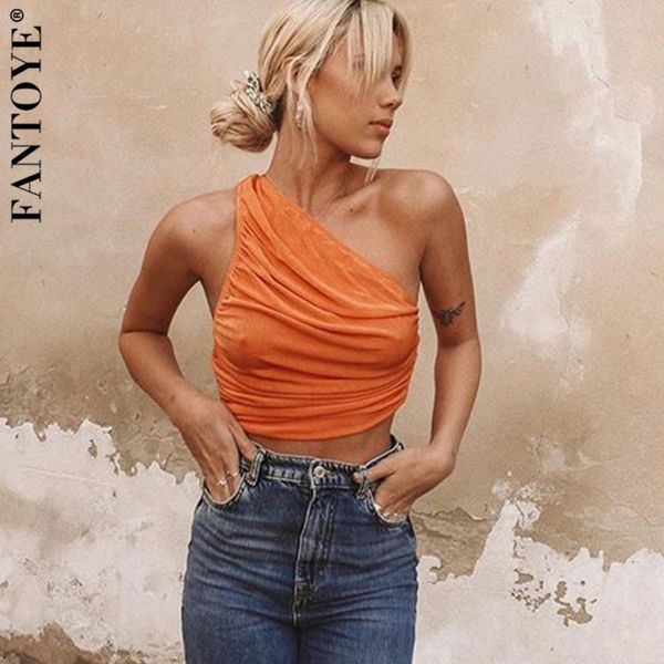 

women's tanks & camis women orange oblique shoulder ruched crop fashion solid bodycon femme backless slim tank streetwear 0jxm, White