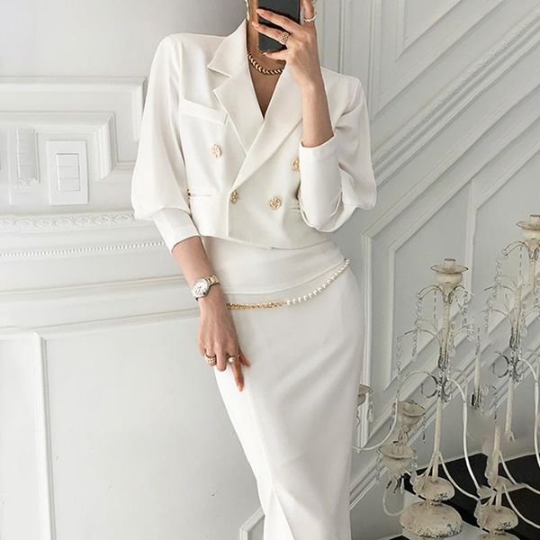 

office lady skirts sets 2021 spring women two piece outfits long sleeve coat and high waist split skirt 2 set gym clothing, White;black