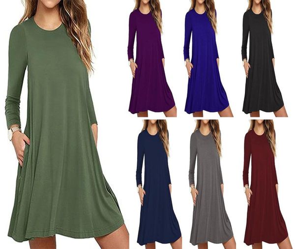 

casual dresses 2021 autumn solid color round neck large swing pocket woman dress regular o-neck, Black;gray