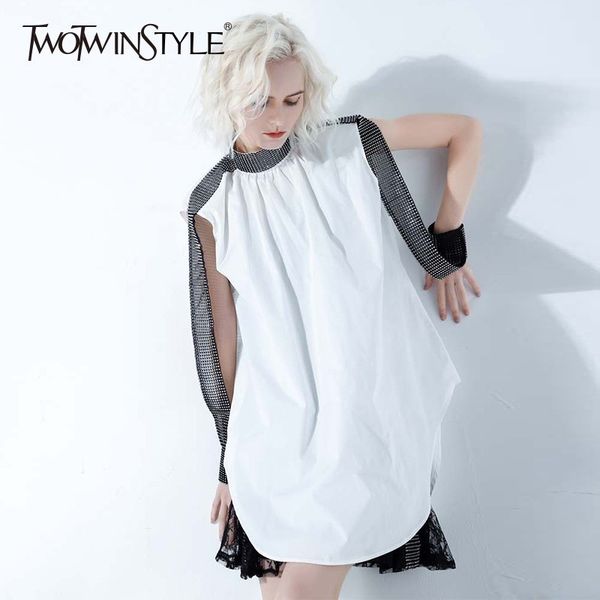 

twotwinstyle patchwork diamond dress for women turtleneck long sleeve irregular casual dresses female summer fashion 210517, Black;gray