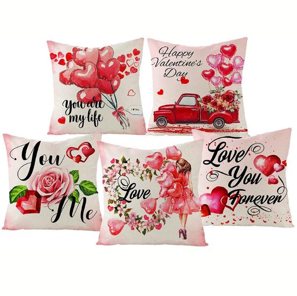 

red car linen pink rose decorative throw pillowcase flowers spring letter cushions cover for sofa valentine's day gift 45*45 cushion/de