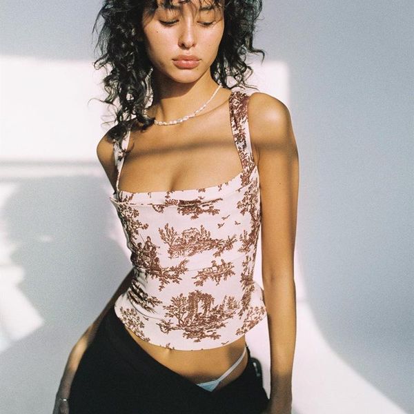 

women's tanks & camis fashion print aesthetic crop for women clubwear sleeveless tank cropped feminino vest streetwear, White