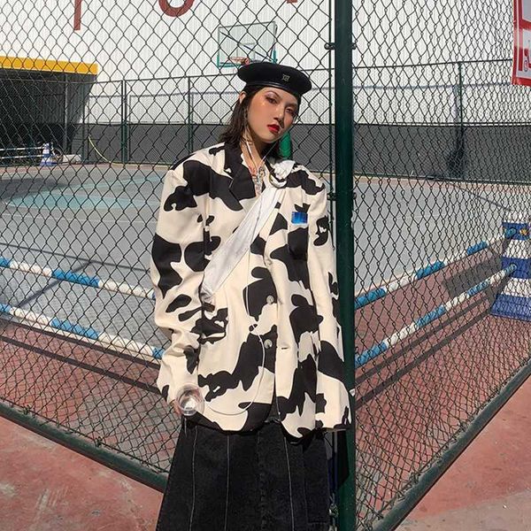 

women's suits & blazers [deat] women printed hit color oversize blazer lapel long sleeve loose fit jacket fashion tide spring autumn 13, White;black