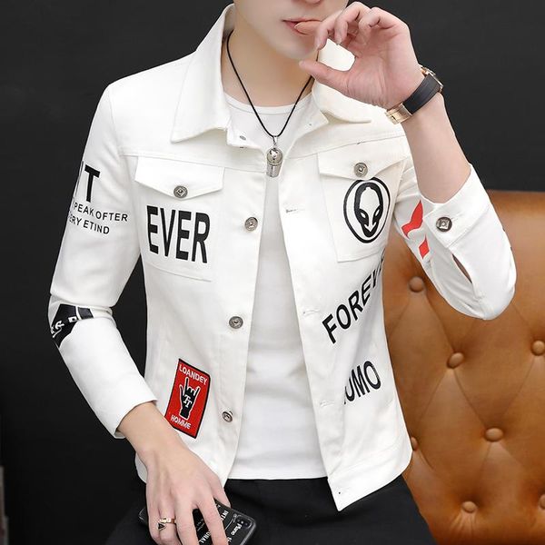 

men's jackets spring casual denim jacket black white yellow red outwear short coat letters printed single breasted male a20, Black;brown