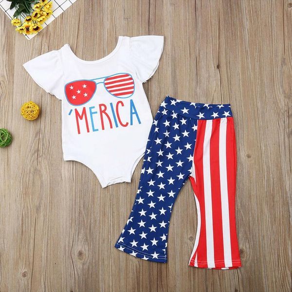 

toddler kid baby girl independence day 1 5y clothes sets short sleeve romper pants outfit, White