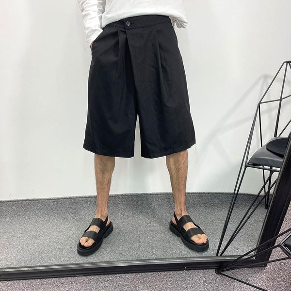

ins dark black shorts men's original summer fashion brand personality solid color tooling asymmetric loose diagonal harem pants, White;black