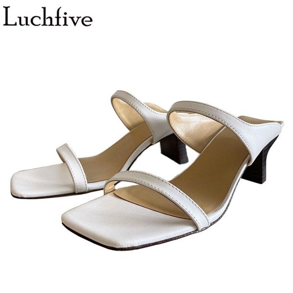 

slippers square toe one word strap ladies summer leather mules shoes woman black white blue high heel party women