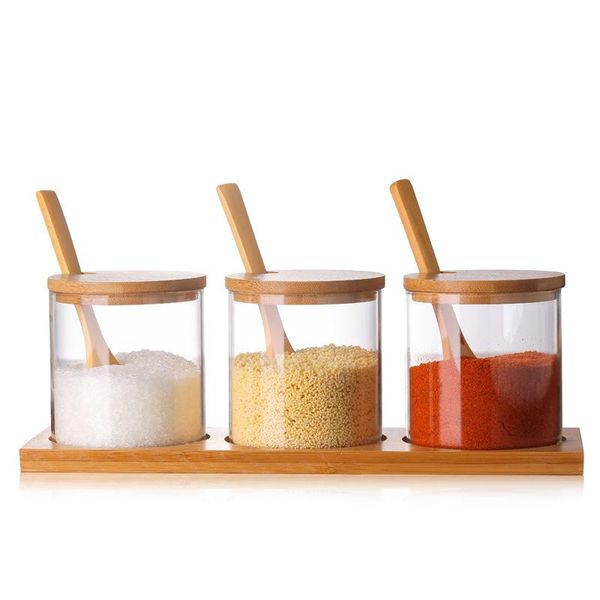 

storage bottles & jars 3pc/set seasoning kit with spoon tray condiment kitchen salt peppers sugar spice box multi-purpose jar