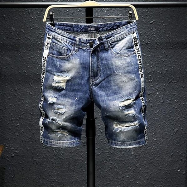 Hommes bleu clair Denim Shorts été trous Jeans courts haute qualité hommes droite décontracté Jean Shorts coton genou longueur Jeans X0601