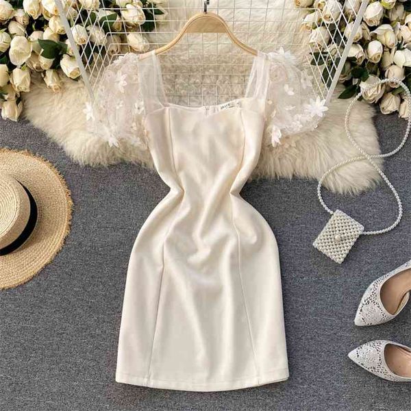 

korean women fashion square neck short sleeve 3d flower mesh stitching slim package hip vintage vestido de mujer dress r531 210527, Black;gray