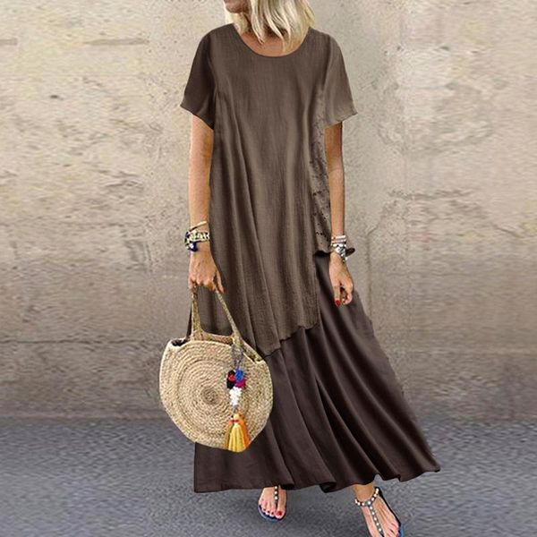 

zanzea women summer short sleeve maxi long dress casual patchwork cotton linen sundress plus size kaftan vestido loose dresses, Black;gray