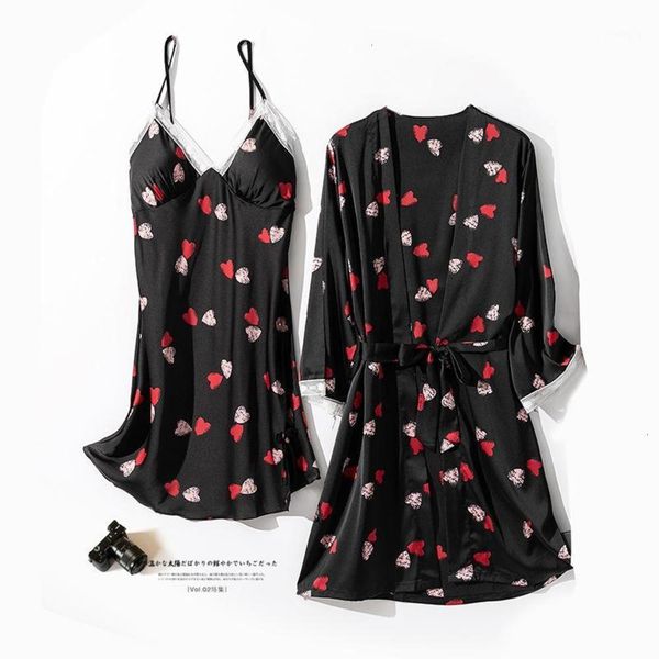

women's short kimono bath gown summer women nighty&robe set print 2pcs sleepwear casual v-neck nightwear silky satin nightdress1 pt72, Black;red