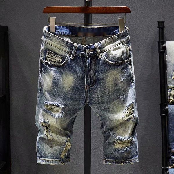 

men's jeans summer stretch ripped short fashion casual loose elastic tooling broken hole denim shorts male, Blue