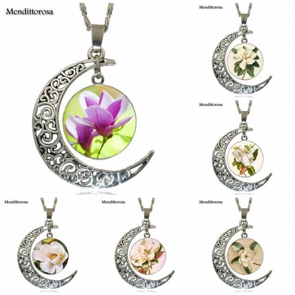 

pendant necklaces ej glaze for women girls magnolia flower glass cabochon necklace fashion, Silver