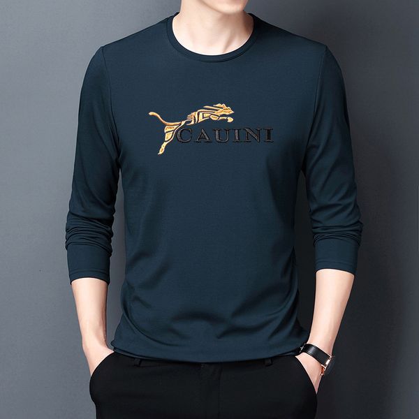 

men's shirt long sleeve slim fit middle-aged young men's spring and autumn t-shirt thin round neck printed golden leopard long sle, White;black