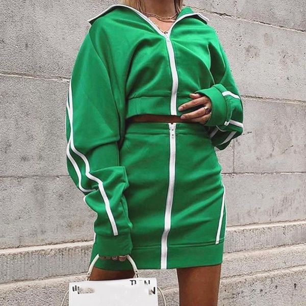 

two piece dress long sleeve and mini skirt set striped zipper suit casual sportswear women's outfits, White