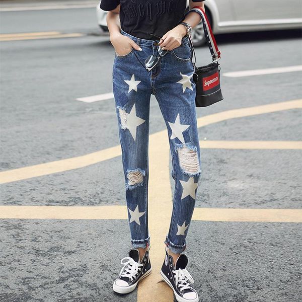 

in same style five pointed stars loose straight cylinder recreational jeans children s printed pants tide women's, Blue