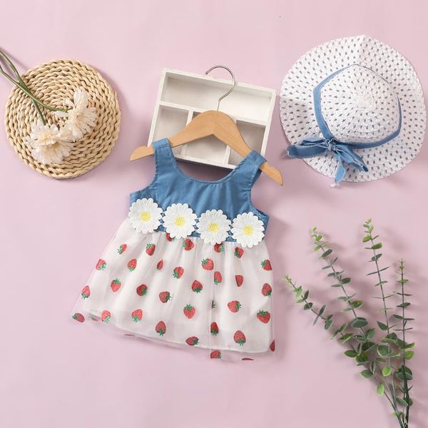 

girl's dresses toddler baby kids girl strawberry denim flower patchwork dress straw cap hat set vestidos 2pcs, Red;yellow