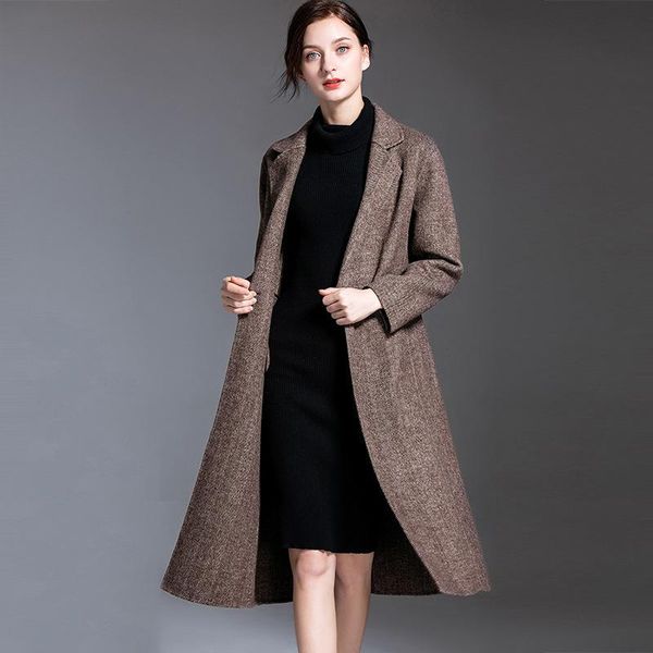 

women's wool & blends winter overcoats coffee herringbone double-sided cashmere outwear 2021 autumn plus size ladies fashion ship, Black