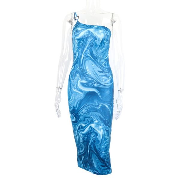 

casual dresses woman printed one-shouldered sleeveless hip low-cut backless halter dress, Black;gray
