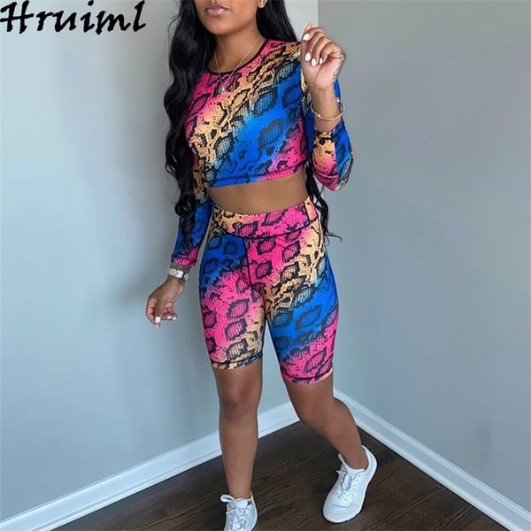 

two piece snake print women sets fashion crop long sleeve o neck short pants casual ladies tracksuit slim plus size 210513, White