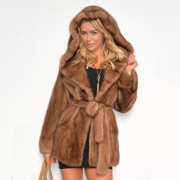 

women's fur & faux fashion brown hooded natural mink coats for women 2021 trendy woman genuine long with belt slim female, Black