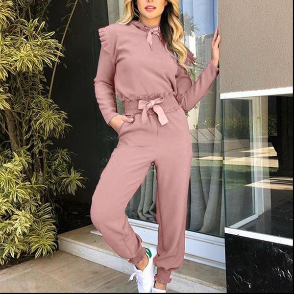 

spring autumn fashion long sleeve womens pants hooded pullover sweatshirt loose ankle length two piece set rc411, White