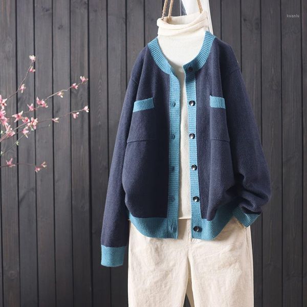 

women's knits & tees 2021 autumn and winter fashion ladies loose color matching long-sleeved buttoned knitted cardigan women sweater al, White