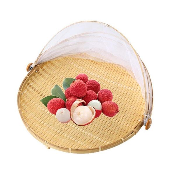 

40% s bamboo picnic serving basket anti flies insect net cover bread fruit tray storage baskets