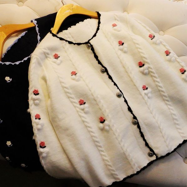 

sweaters autumn winter cute women round neck crocheted floral white/black sweater cardigan fashion female jumper knitwear