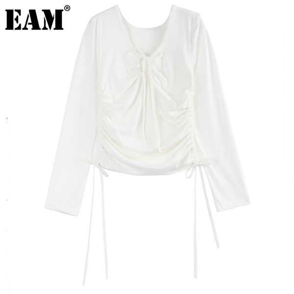 

[eam] women white bow strap pleated casual loose t-shirt round neck long sleeve fashion spring autumn 1dd7125 21512
