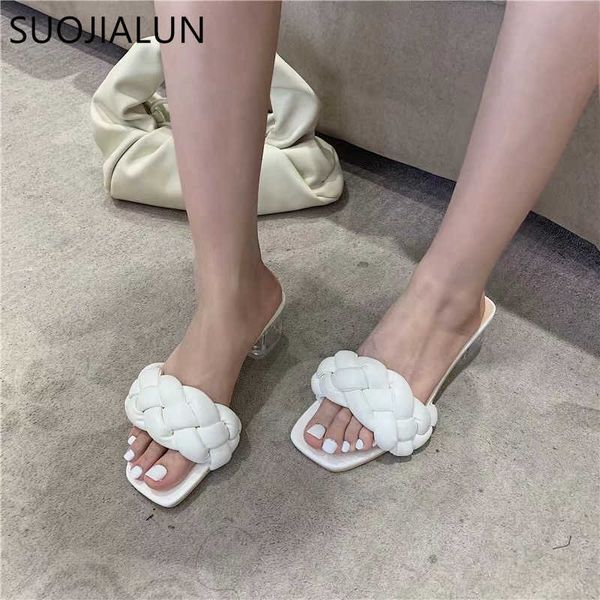 

suojialun fashion weave women slippers square low heel sandals summer outdoor beach slides crystal heel flip flops big size 41 210630, Black
