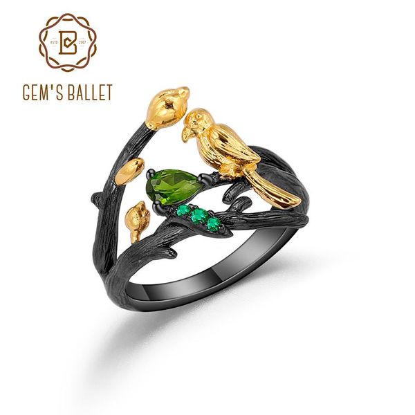 

cluster rings gem's ballet natural chrome diopside flower buds bird 925 sterling silver handmade adjustable statement ring for women, Golden;silver