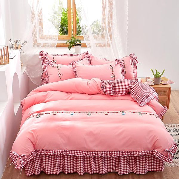 

bedding sets plaid pink 4pcs girl boy kid bed cover set duvet child sheets and pillowcases comforter