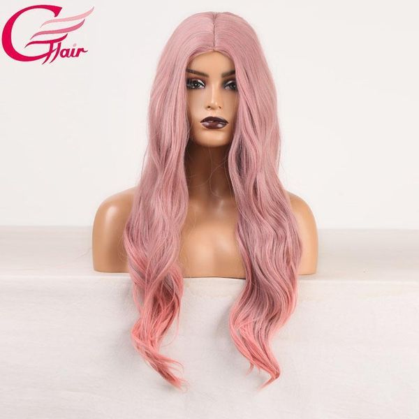

middle part pink heat resistant synthetic wig long wavy wigs for women machine made cosplay1, Black