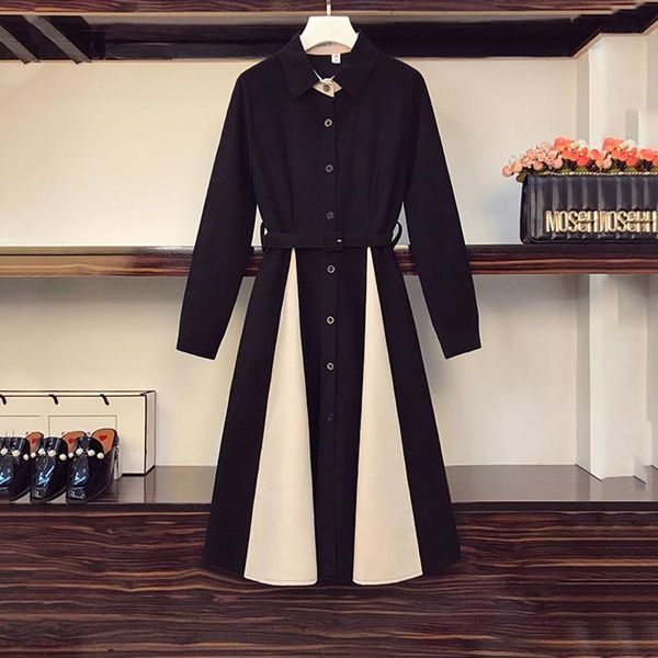 

casual dresses plus size women's fashion shirt dress spring 2021 korean style stitching fake two-piece thin temperament female s234, Black;gray