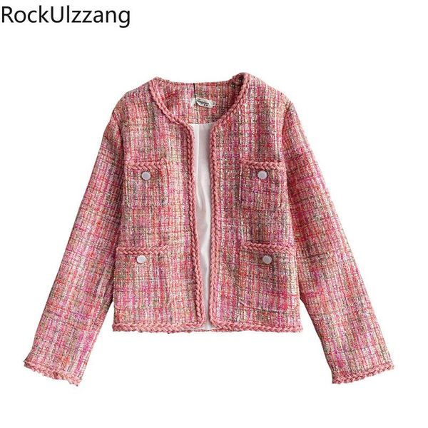 

autumn fall pink twill tweed plaid open jacket pearls button pocket luxury coat women korean vintage fashion lattice outfit women's jac, Black;brown