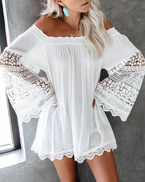 

casual dresses evening party women hollow out floral lace off shoulder white dress office lady spring summer work basic undershirt, Black;gray