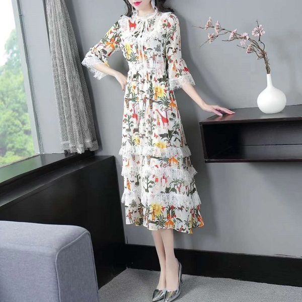 

dress runway style summer women wild animal flower prints lace patchwork flare sleeve mid-calf dress, Black;gray
