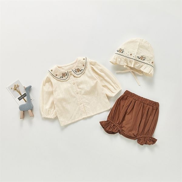 

mi spring baby clothing set toddler girls clothes suit peter pan collar blouse shorts and hat 3pcs suit 220118, White